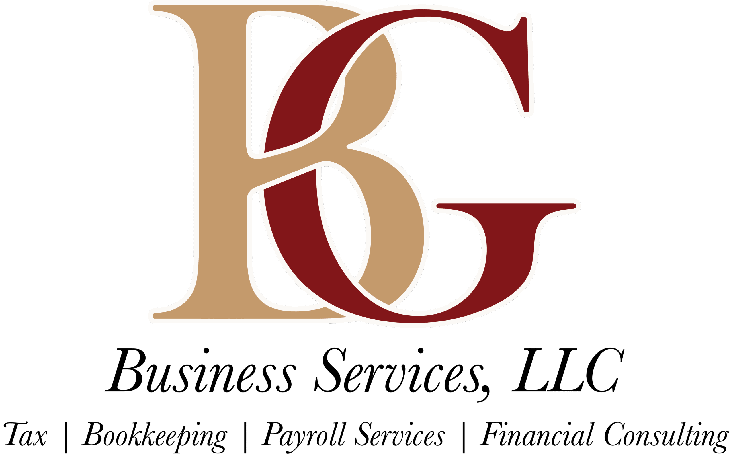 Logo for BG Business Services, LLC, offering tax, bookkeeping, payroll services, and financial consulting. Features large stylized BG letters in tan and red.
